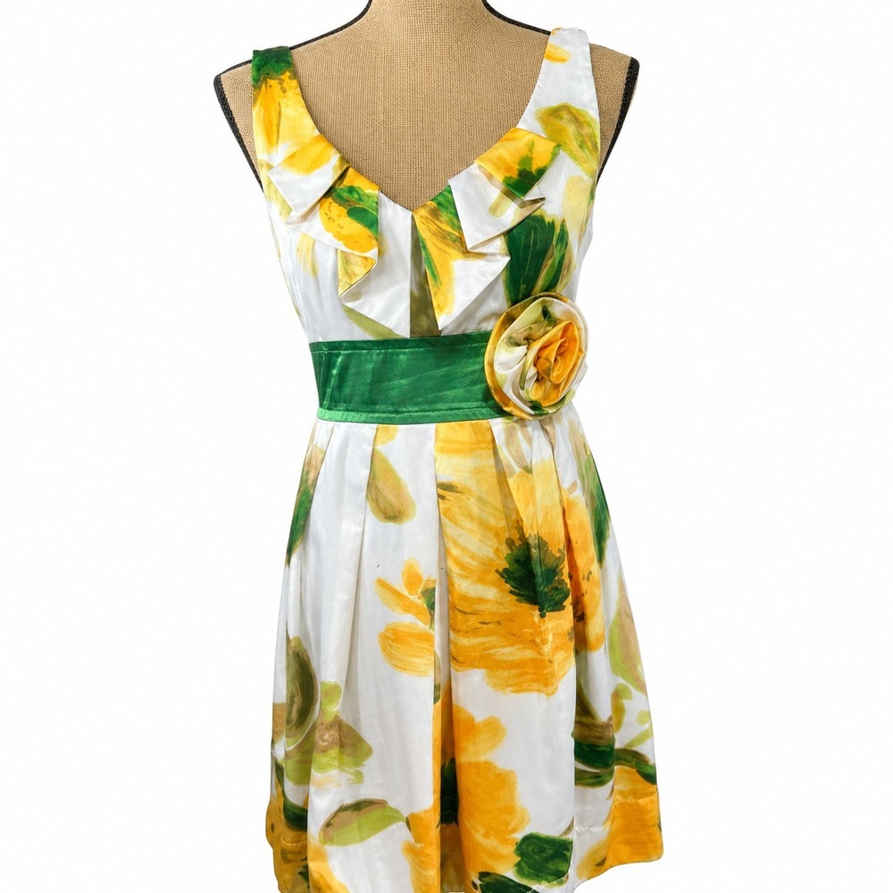 Teeze Me Floral Fit Flare Dress 13 Yellow Green V Neck Party Retro Classic Tulle